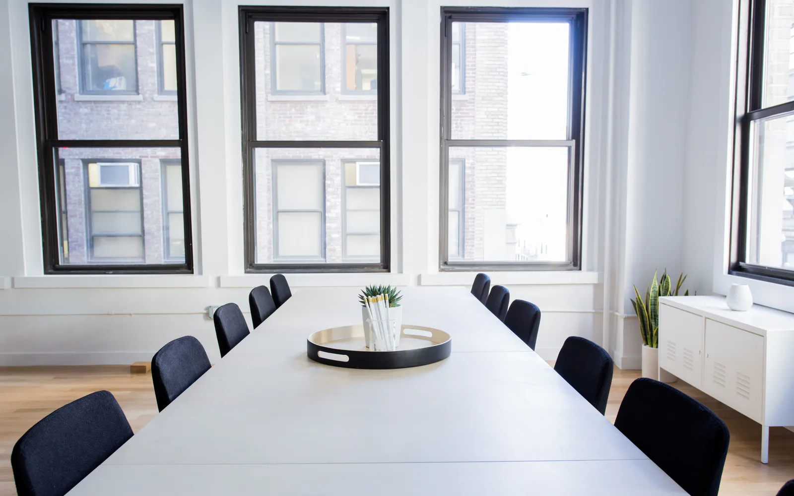 A bright meeting room prepared for a professional conversation