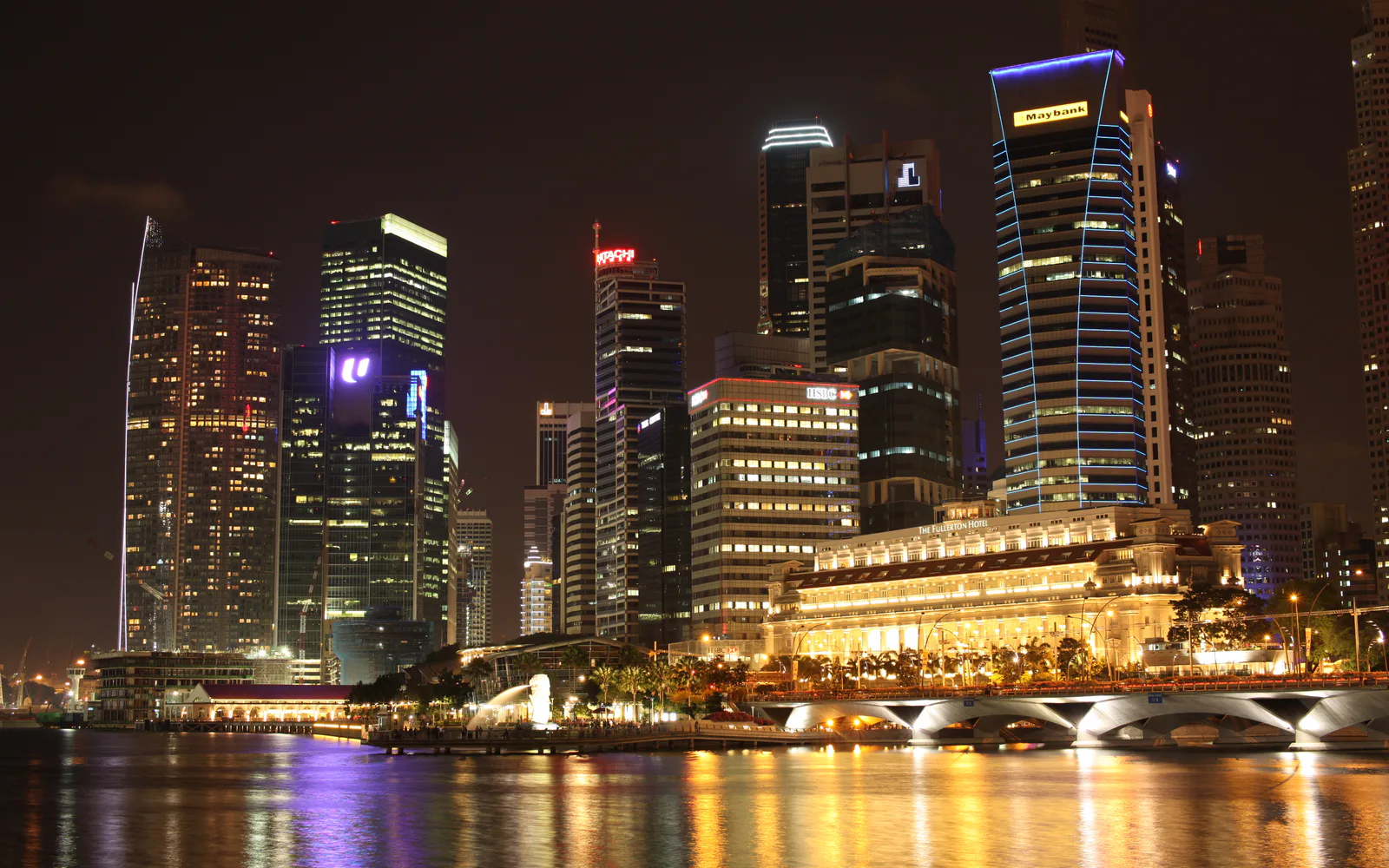 Singapore's illuminated waterfront business district at night